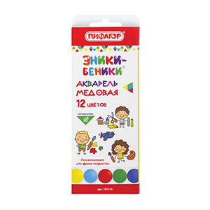 Краски акварельные Пифагор "Эники-беники" 12 цветов, медовые,без кисти, картон, ПС подложка[191316]*