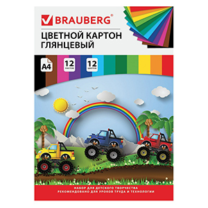 Картон цветной А4 МЕЛОВАННЫЙ (глянцевый), 12л 12цв,в папке,BRAUBERG,200х290мм"Гонки"[129916]*